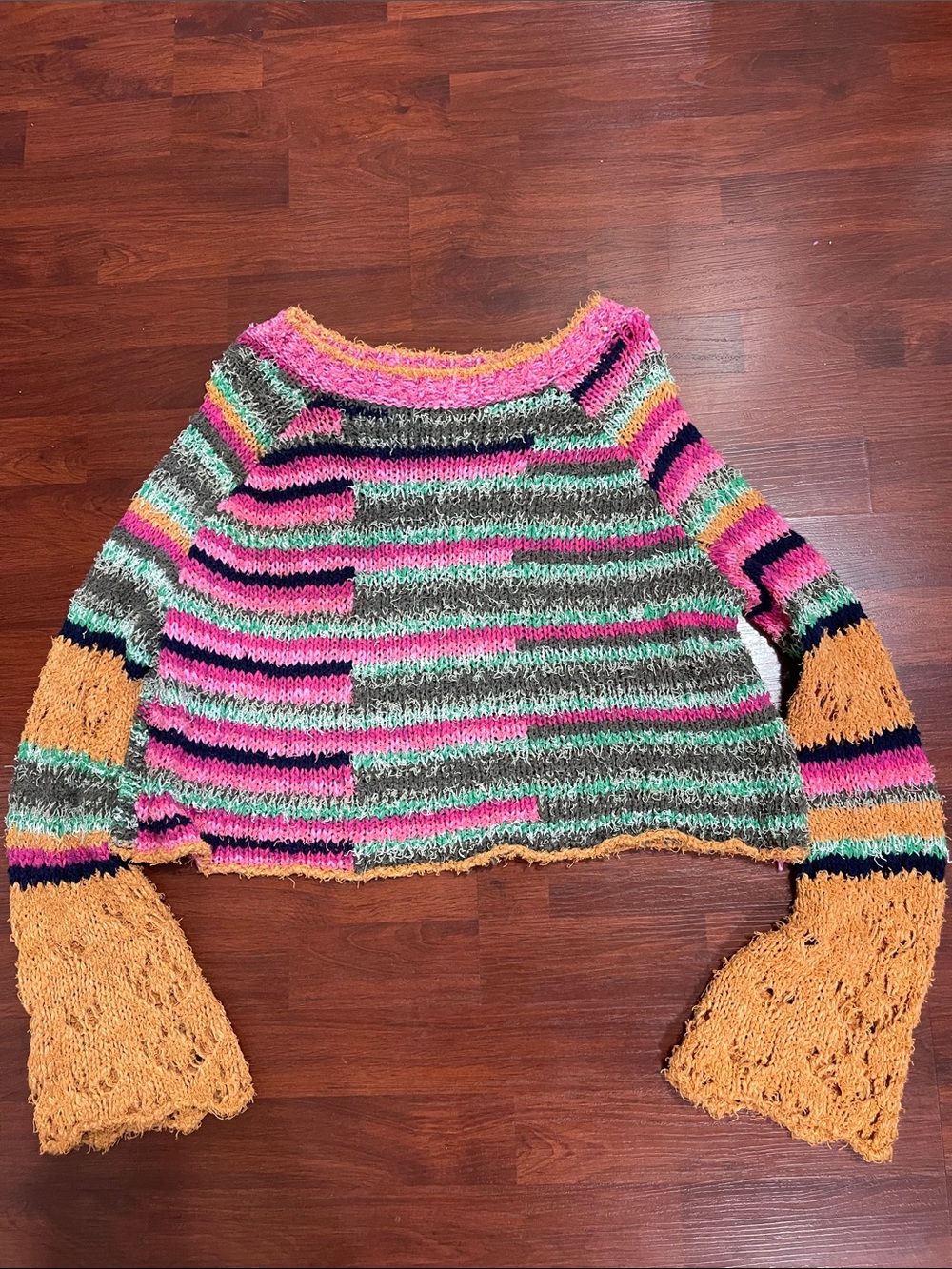 Free People Striped Cropped Sweater in Pink, Gray & Mustard